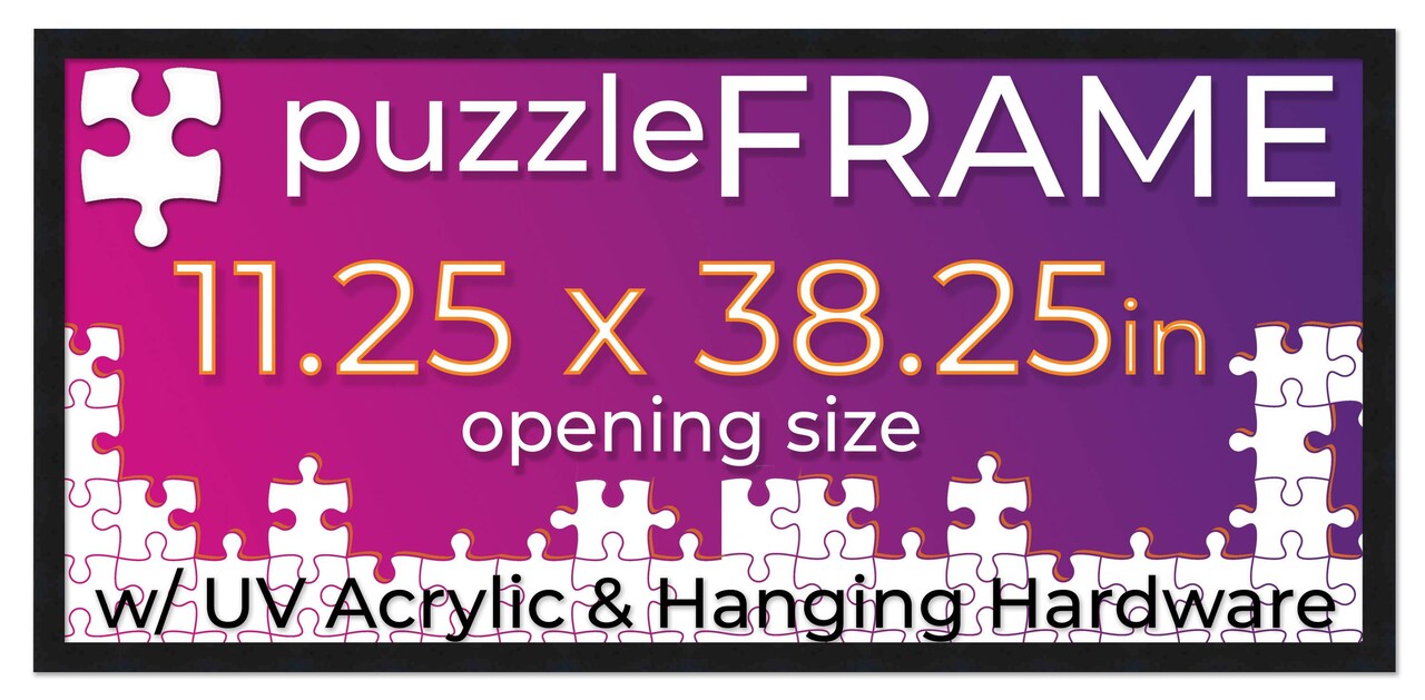 11.25x38.25 Jigsaw Puzzle Frame Kit - Kit Includes Puzzle Glue Sheets, Black Wood Puzzle Frame, UV Acrylic, Backing,, Hanging Hardware